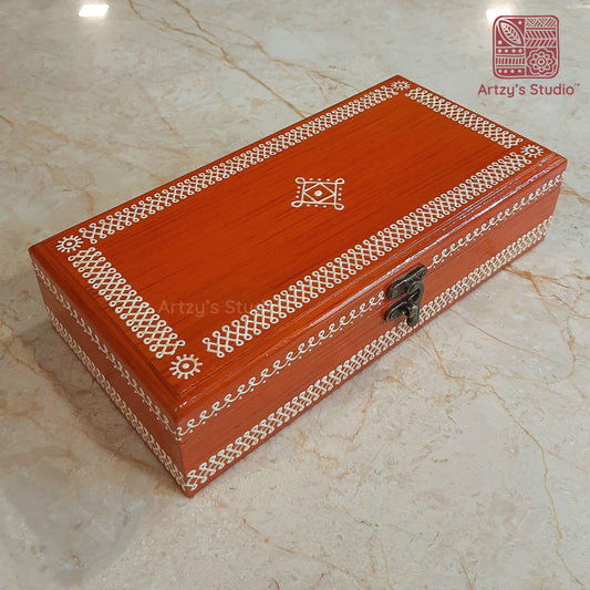 Orange Color White Outline Wooden Jewellery Box Rectangular Shape Large Size