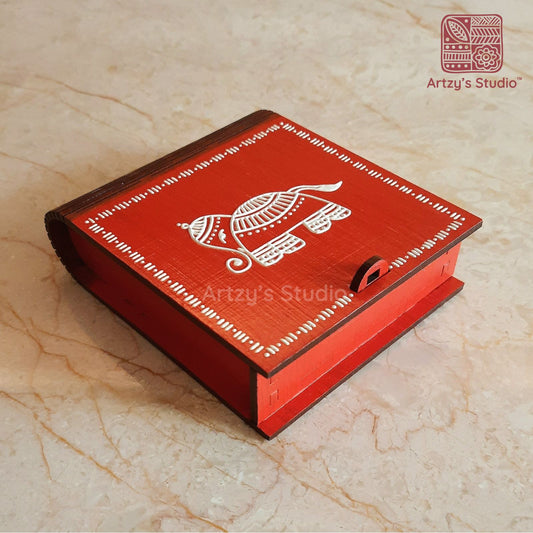 Red Colour with White Elephant Design Wooden Book Box Kit