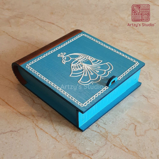 Light Blue Colour with White Peacock Design Wooden Wooden Book Box Kit