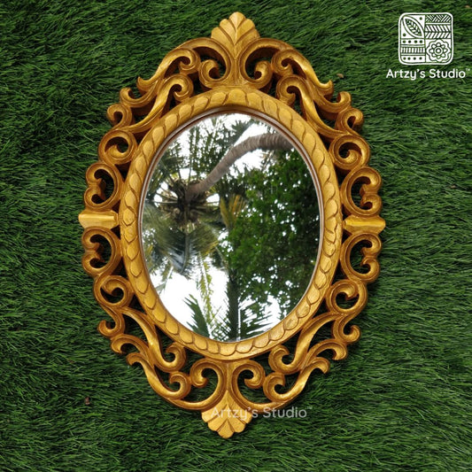 Handcrafted Carved Oval Gold Wooden Mirror Frame
