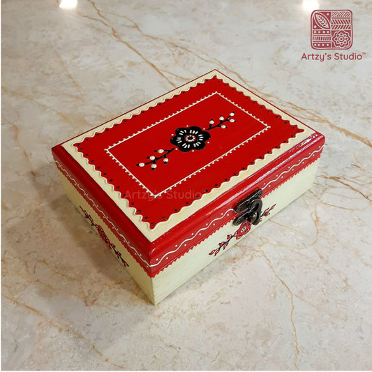 Red With Off-white Color Wooden Jewellery Box Square Shape Medium Size