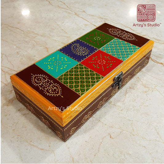 Colourful and Golden Outline Wooden Jewellery Box Rectangular Shape Large Size