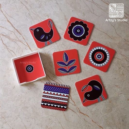 Digital Orange Madhubani Tea Coaster set of 6