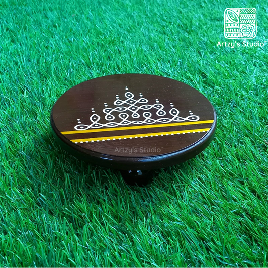 Handpainted small round wooden stand kolam design