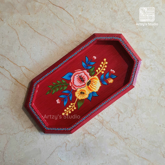 Crimson Color Flower Design Medium Octagon Tray
