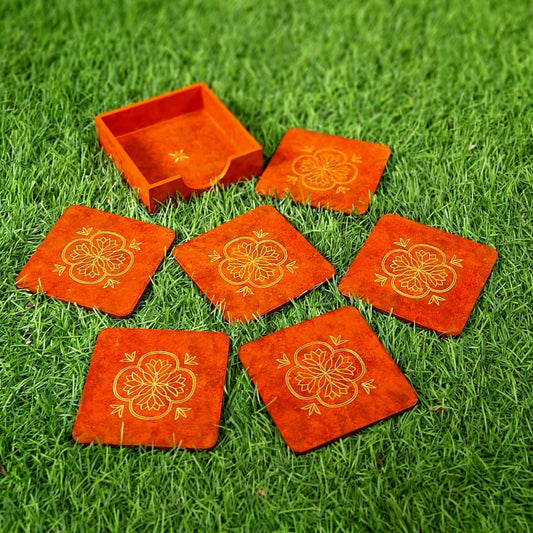Orange Colour Tea Coaster with stand Set Of 6