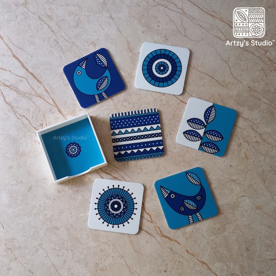 Digital Blue Bird & Leaf 6 Tea Coaster Set