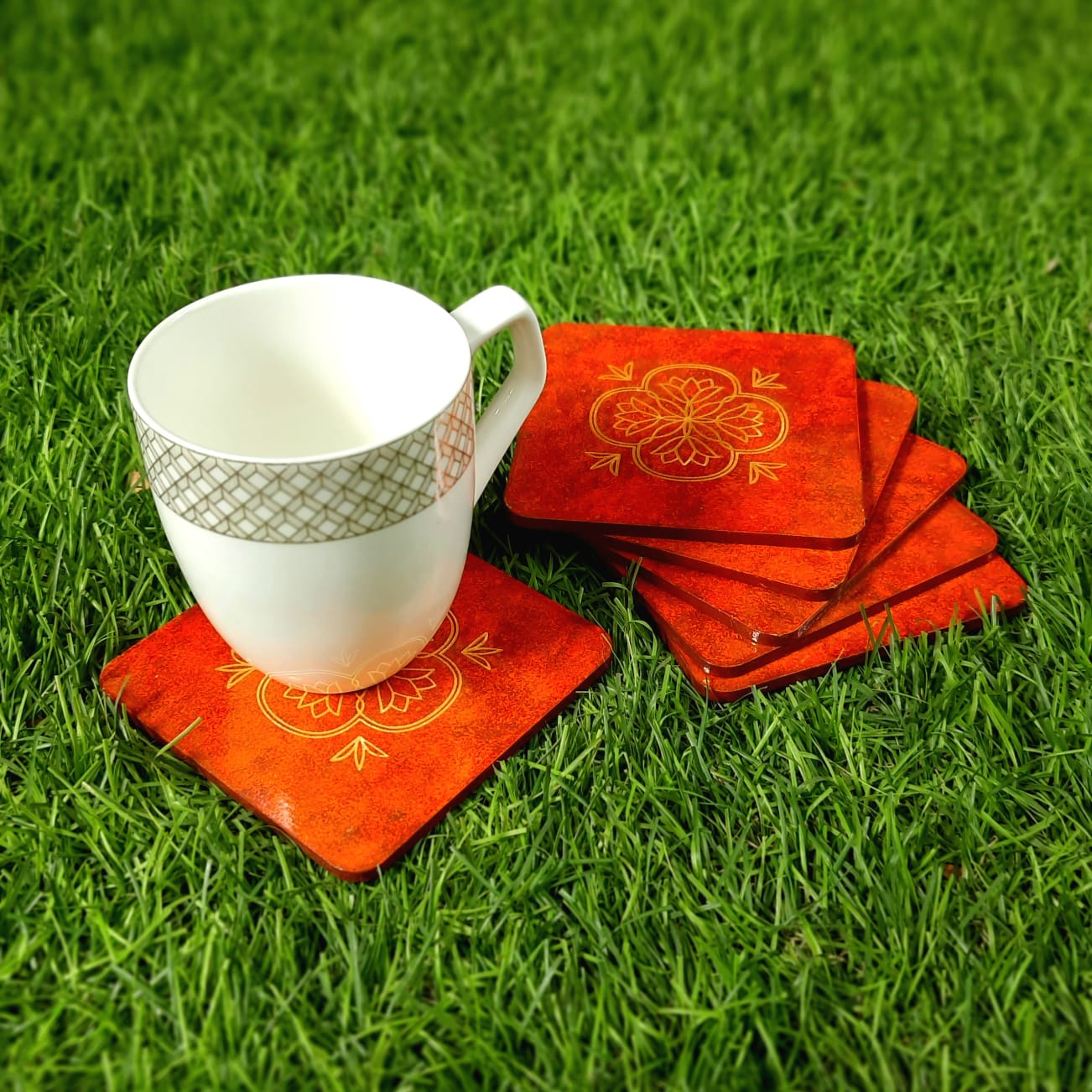 Orange Colour Tea Coaster with stand Set Of 6